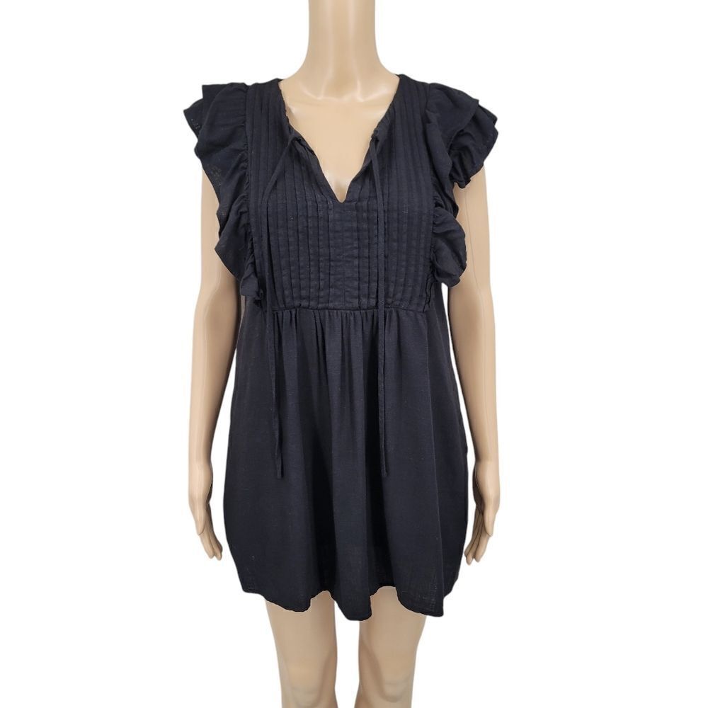 Newbury Kustom Chic Black Ruffled Sleeveless Mini Dress Flax Viscose Pleated